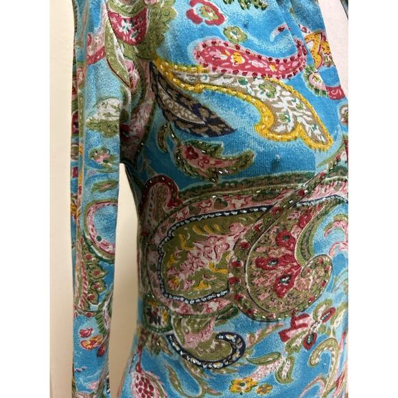 NWT Chaudry Sports Women's V-Neck Blue Sky Floral Top Beaded Boho Blouse-Size M - Picture 2 of 7